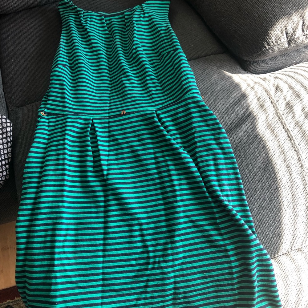 Green and blue striped sleeveless dress